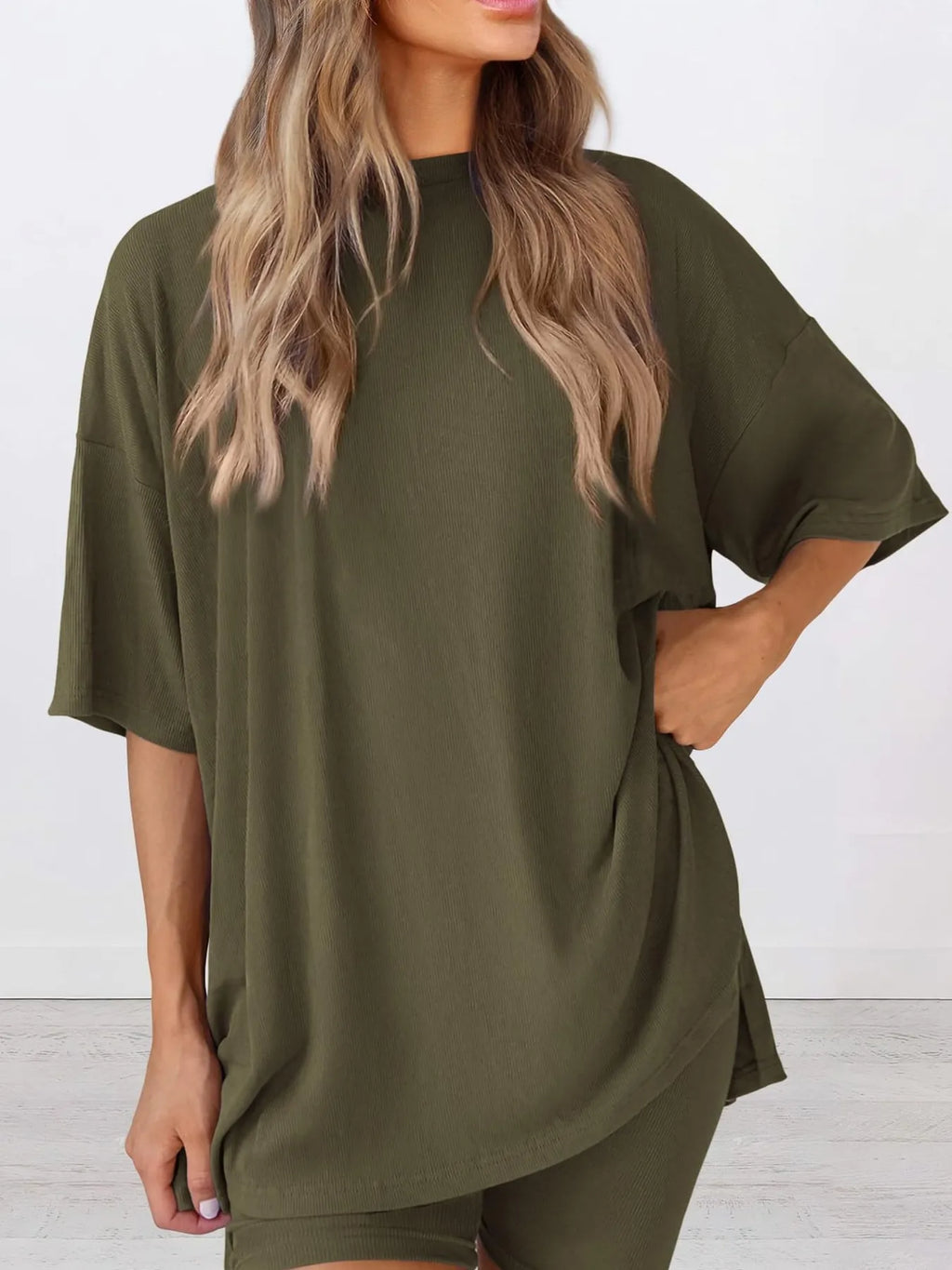 Full Size Oversized Slit Round Neck Top and Shorts Lounge Set Plus Size