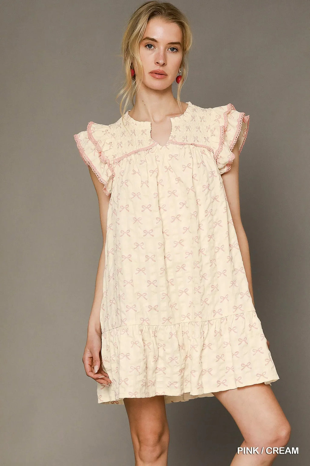 Umgee Bow Print Ruffled Cap Sleeve Mini Dress