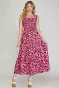 She + Sky Full Size Smocked Printed Wide Strap Tiered Dress Plus Size