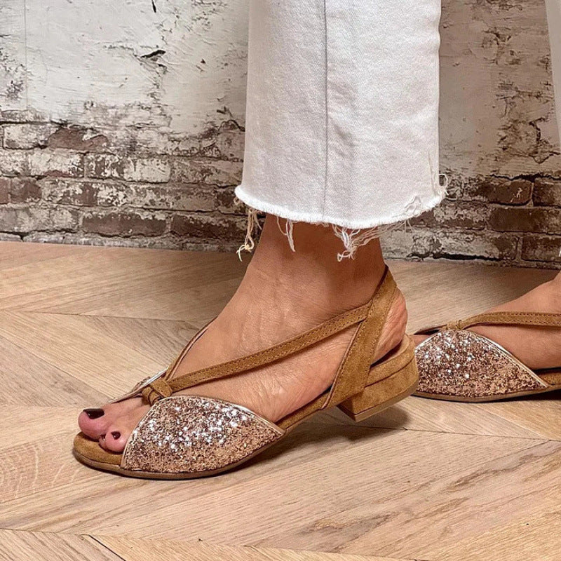 Women's Brown Suede Glitter Embroidered Peep Toe Sandals - Low Heel Comfortable Summer Shoes