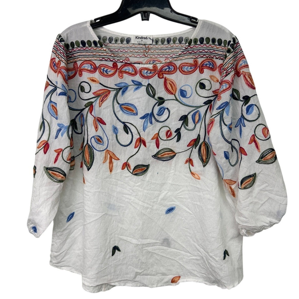 Kindred Womens Medium 100% Polyester Boho Half Sleeve Embroidered Floral Top