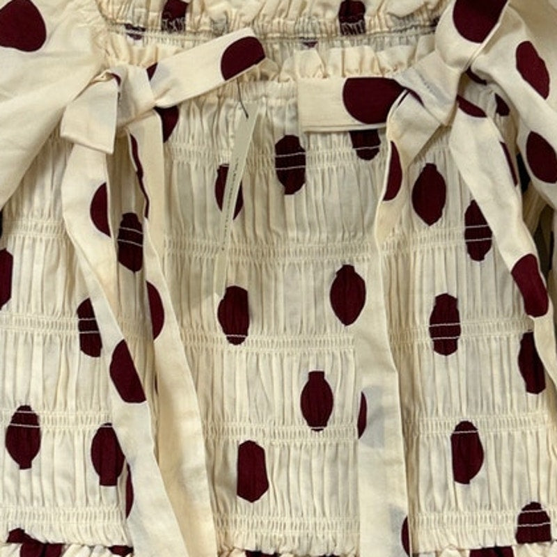 New Francescas Womens Medium Cream Burgundy Polka Dot Stretch Cotton Smocked Top