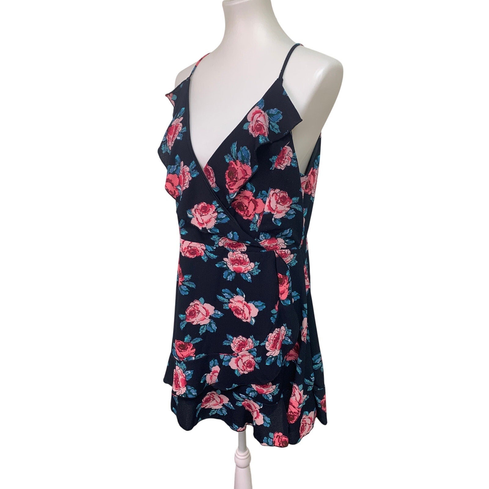 Mi Ami Womens Medium Ruffled Floral Thin Strap Flowy Back Zip Fit n Flare Dress