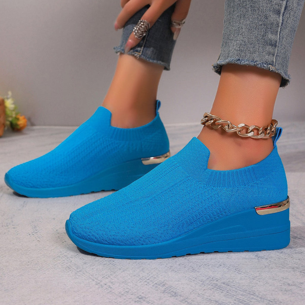 Women's Flyknit Mesh Breathable Wedge Sneakers | Slip-On Platform Casual Shoes
