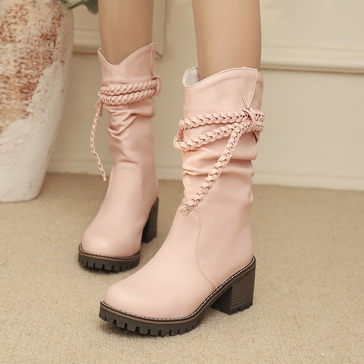 Women's Knitted Strap Mid-Calf Boots With Chunky Heels | Black & White