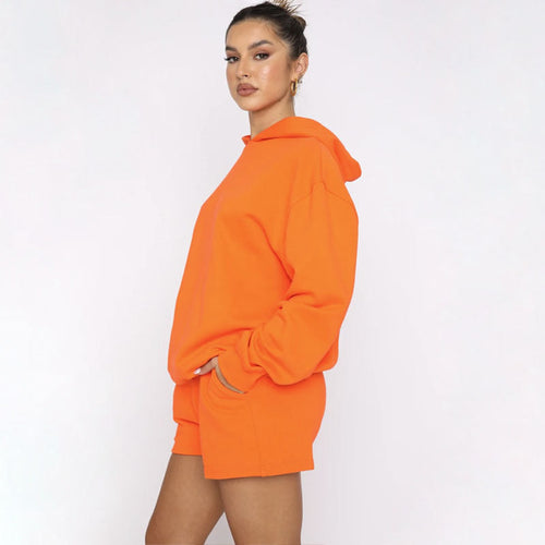 Autumn Winter Solid Color Pullover Hooded Long Sleeves Sweaters Women Clothing Casual Shorts Suit