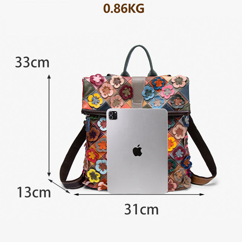 Colorful Plaid Floral Patchwork Genuine Leather Crossbody Bag for Women