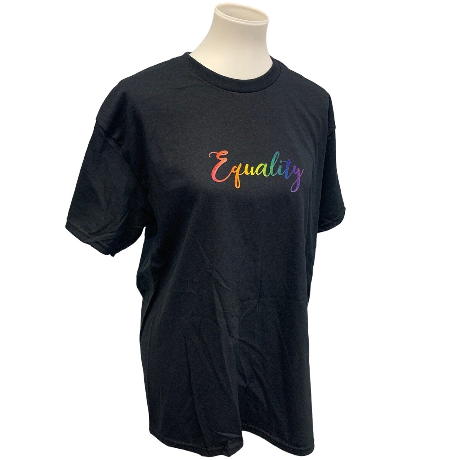Hand Printed Unisex Large Equality Rainbow Pride Cotton Crew Short Sleeve Tee