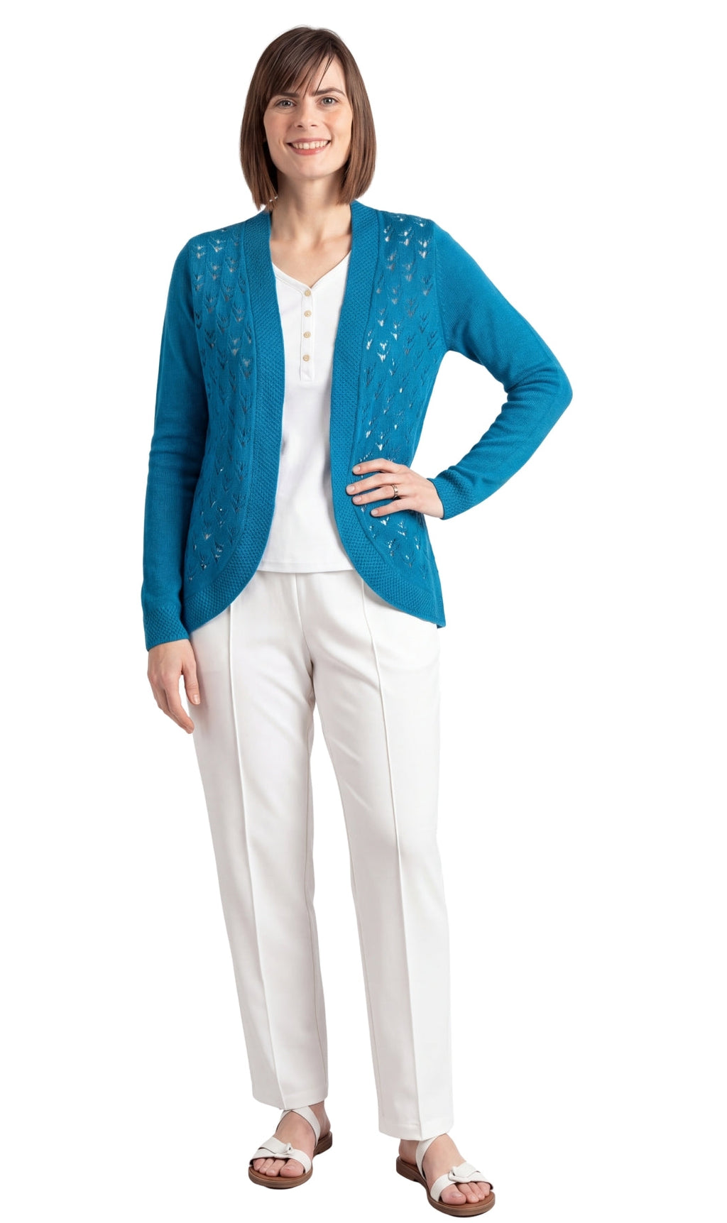 Women's Open Front Curved Hem Pointelle Shrug in Soft Acrylic