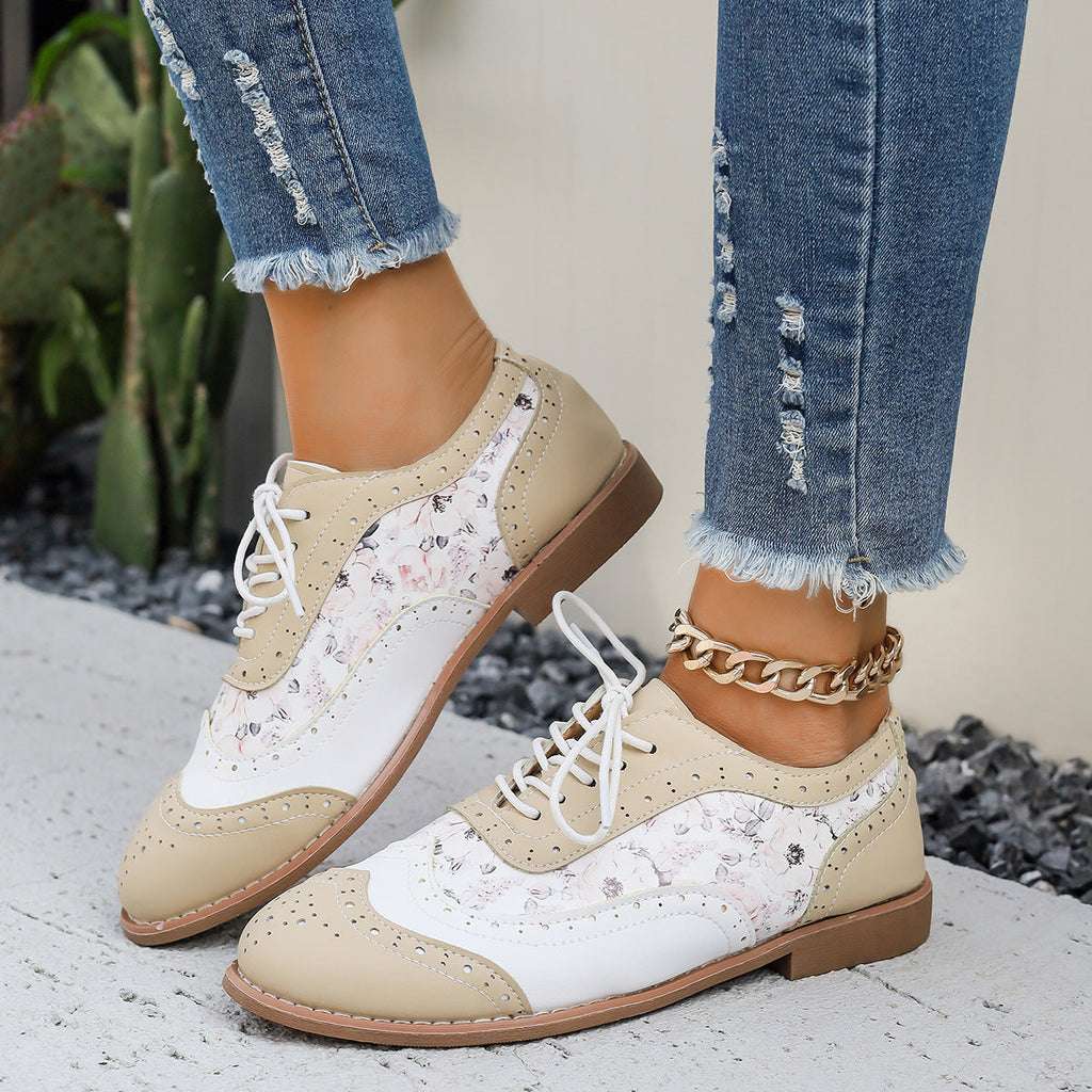 Women's Color-Block Lace-Up Flats Round Toe Casual Shoes – Plus Sizes