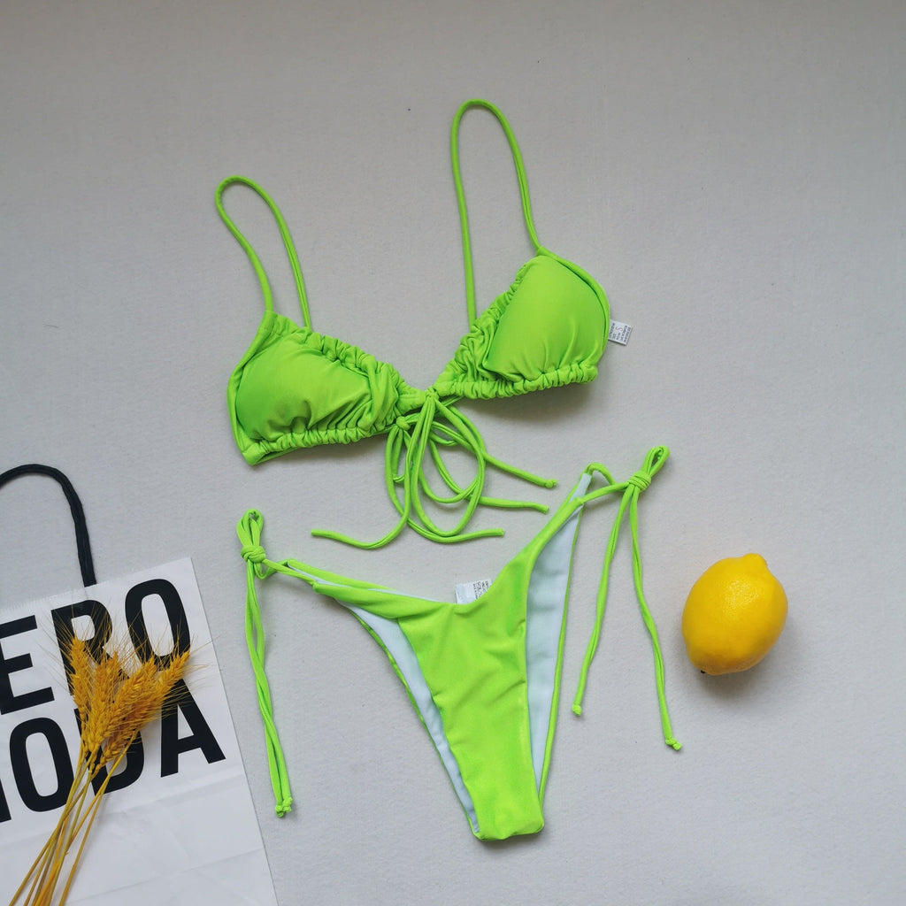 Sling Bandage Swimsuit Women Pleated Push up Drawstring Sexy Solid Color Bikini Swimsuit