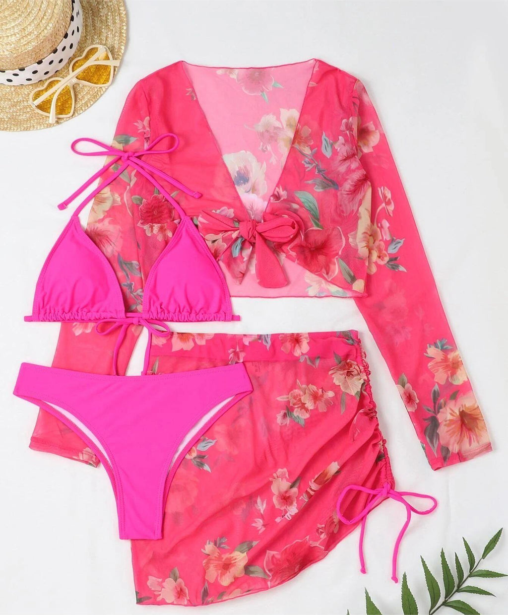 Four Piece Swimsuit Sexy Split Printed Mesh Long Sleeve Swimsuit High Profile Figure