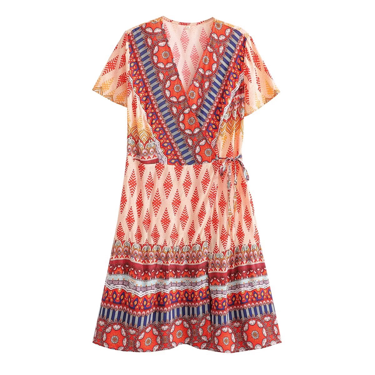 Women Printed Fresh High Waist Short Sleeve Dress