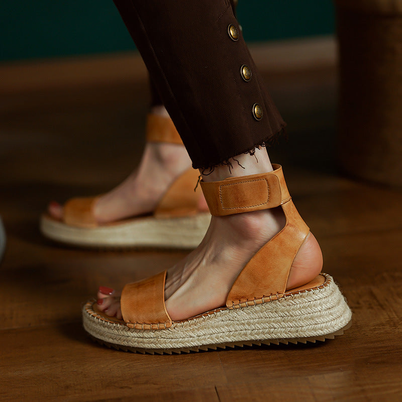 Women's Braided Leather Vintage Wedge Sandals | Round Toe Velcro Strap