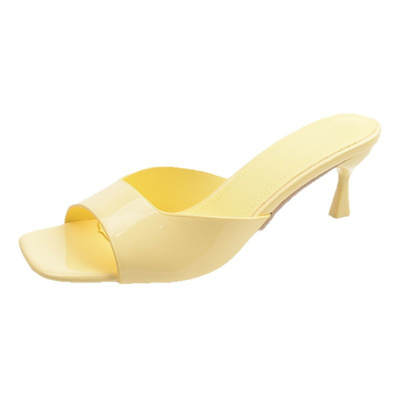 Women's Square Toe Low Heel Slippers – Open Toe Patent Leather Slide Sandals