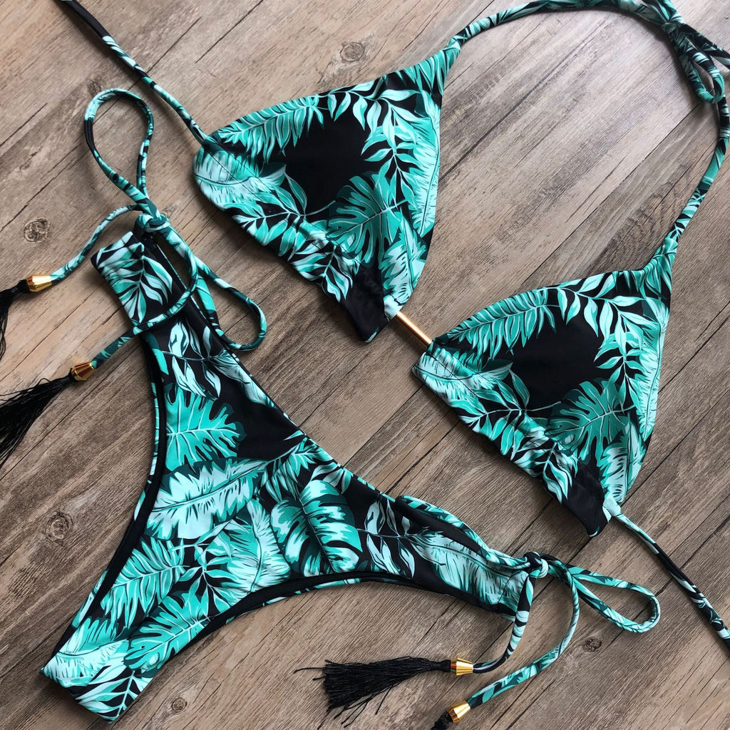 Leopard Print Bikini Solid Color Women Swimsuit Sexy Lace-up Swimwear Split Bikini