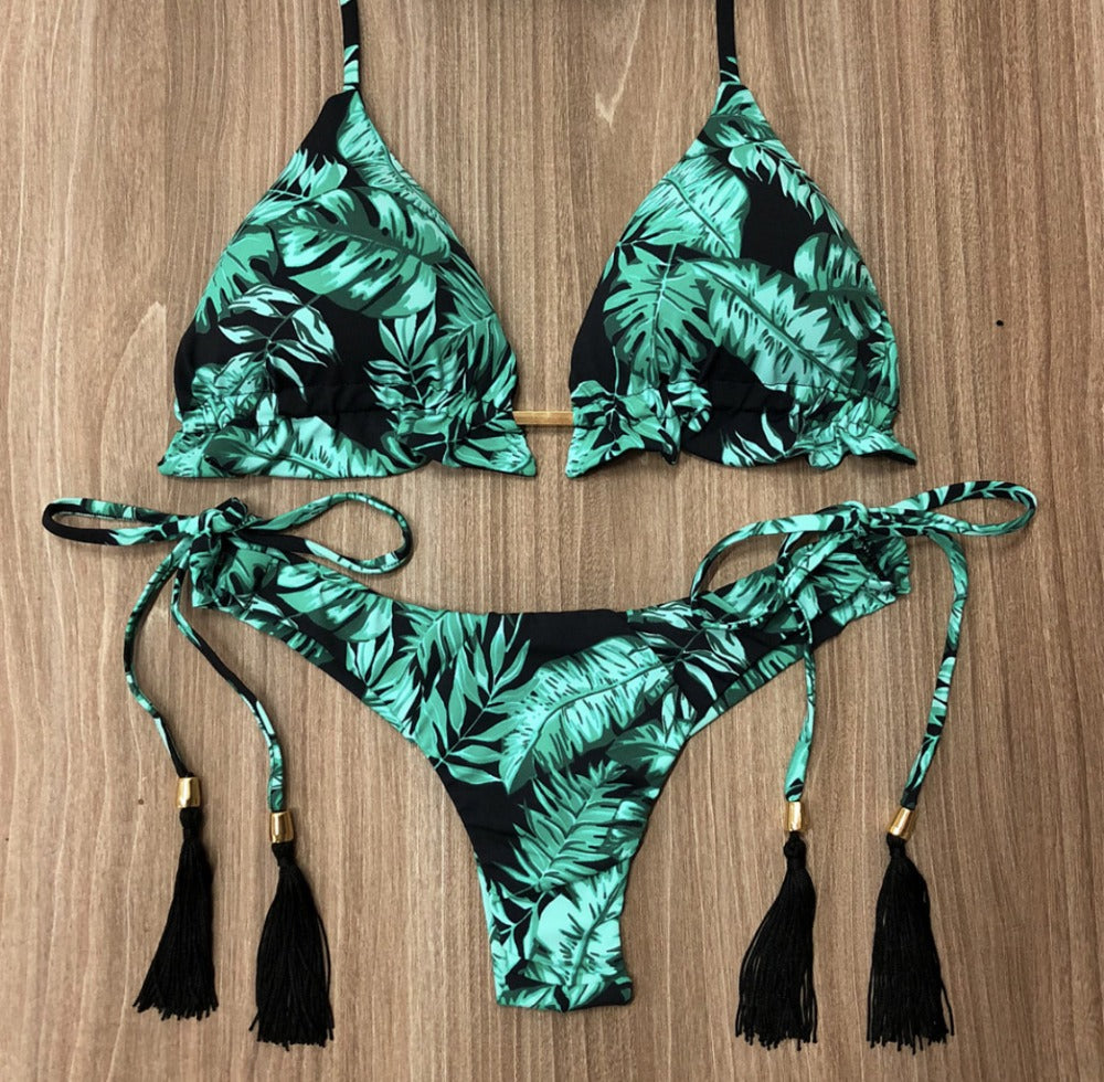 Leopard Print Bikini Solid Color Women Swimsuit Sexy Lace-up Swimwear Split Bikini