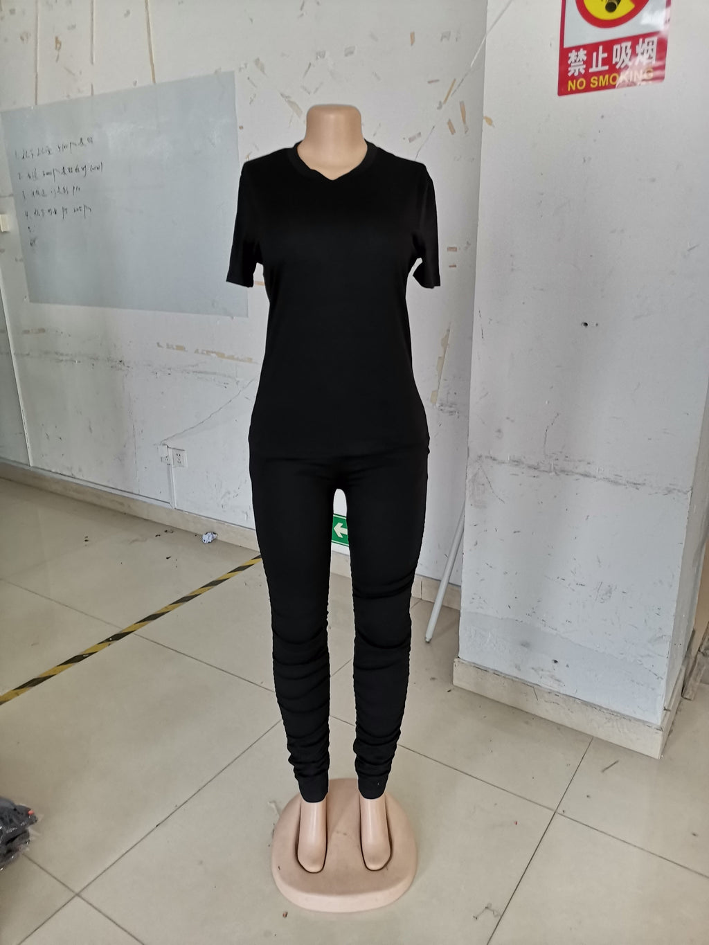 Women Clothing Ruched Short-Sleeved Suit T-shirt Two-Piece Set Solid Color Tight Summer