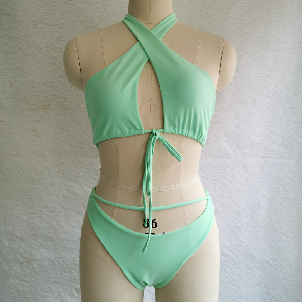 Split Tether Criss Cross Halterneck Bikini Sexy Swimsuit Bikini Solid Color Swimsuit