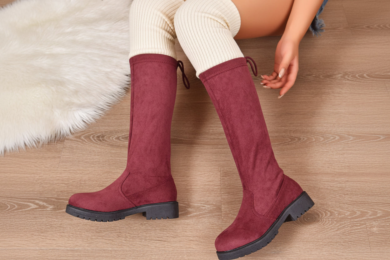 Women's Burgundy Suede Lace-Up Knee High Boots | Chunky Heel Side Zip