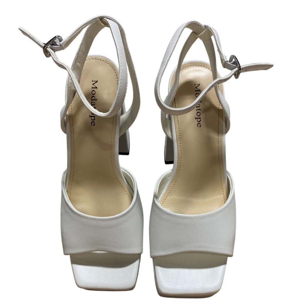 Modatope Womens 6.5 White 4.5" Platform Heels Open Square Toe Ankle Strap Shoes