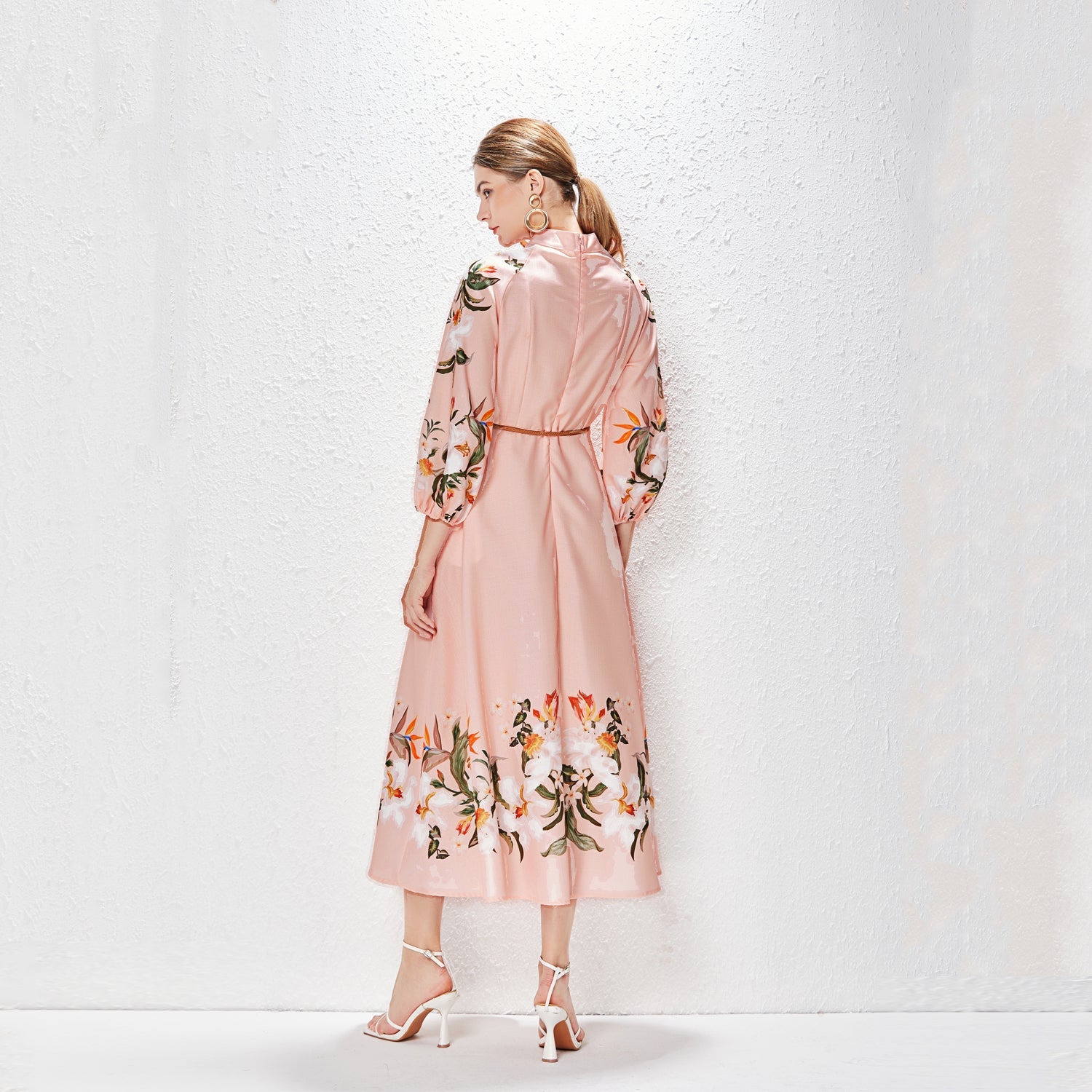 Printed Fashion Temperament Stand Collar Single Breasted Lantern Sleeve Long Dress