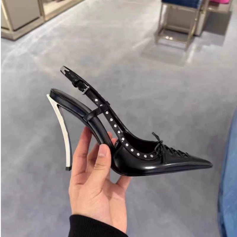 Women's Pointed-Toe Stiletto Heels | Rivet-Back Lace-Up High Heels | Black & White
