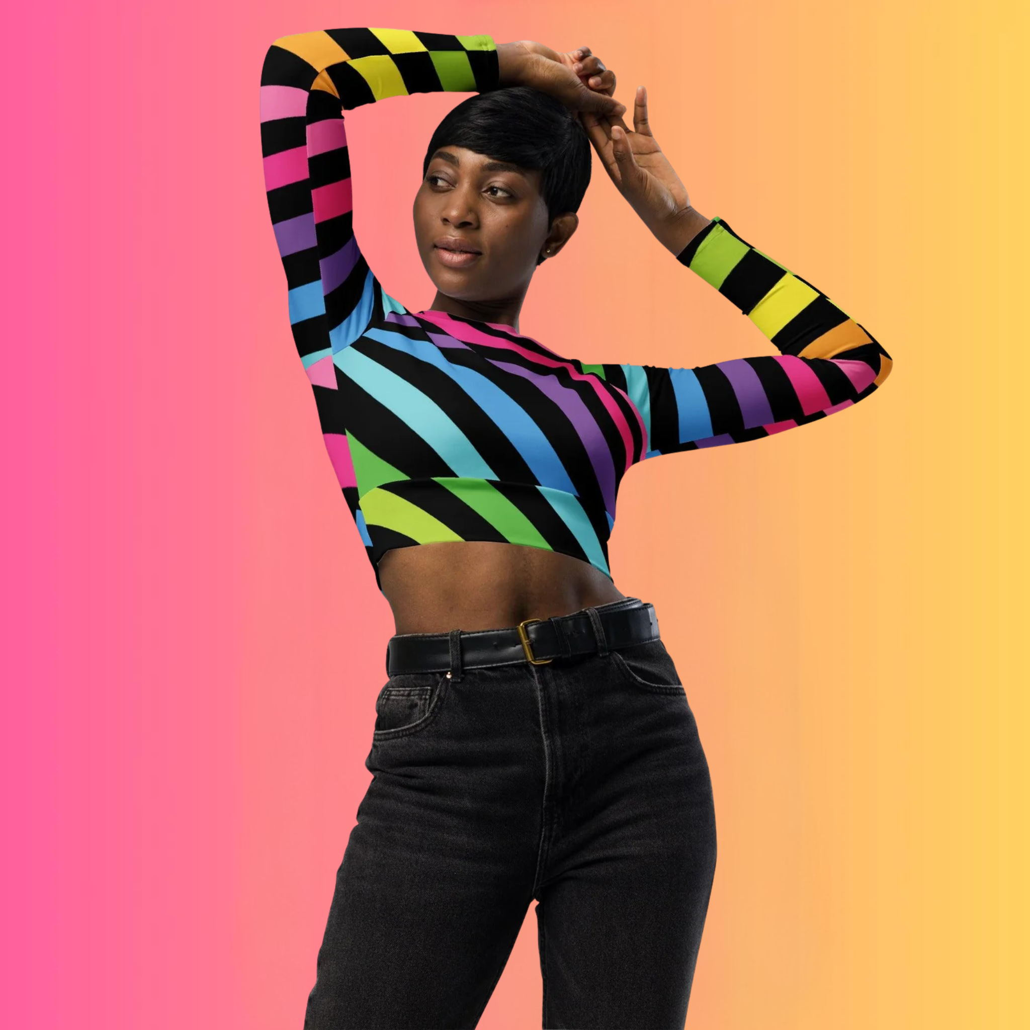 Neon Rainbow Stripe Long-Sleeve Crop Top for Festival Vibes