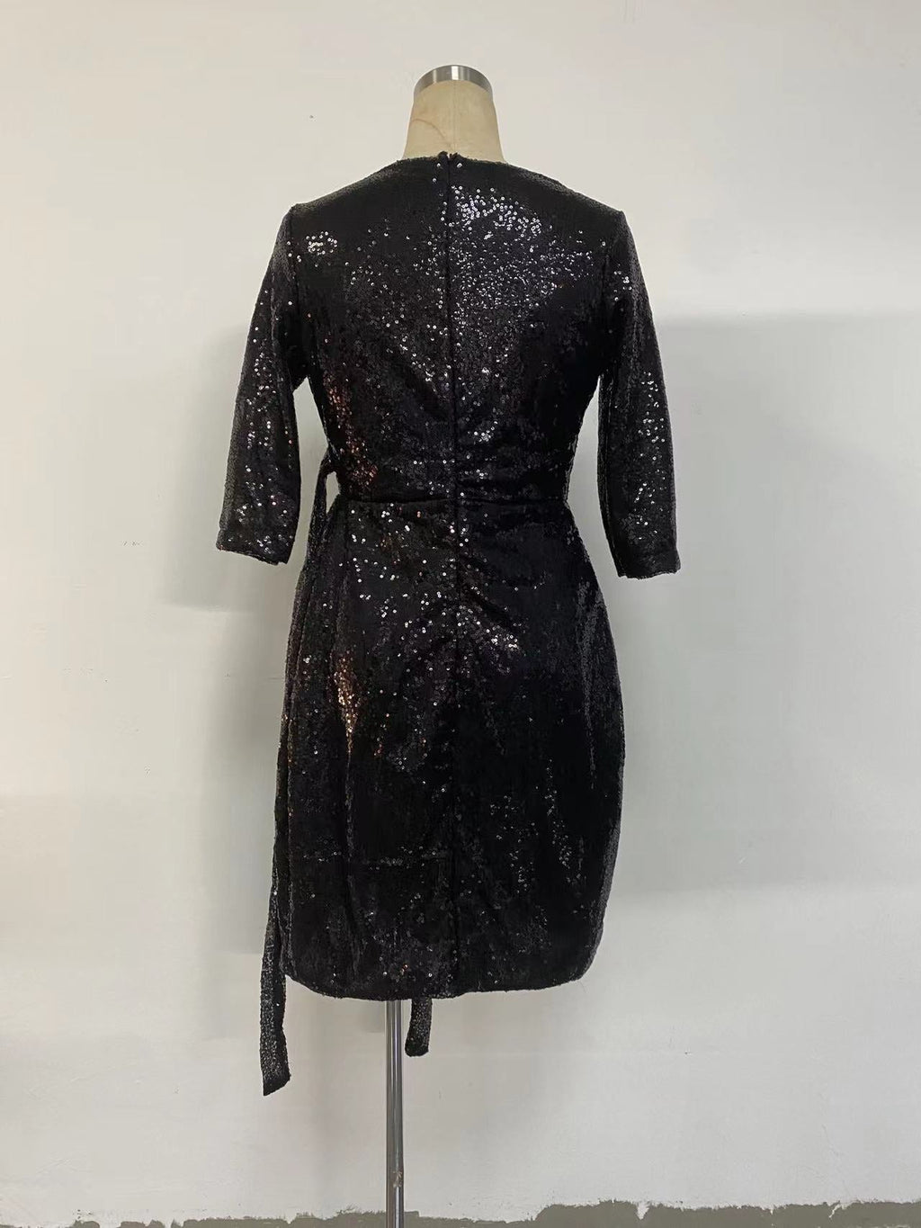 Women Dress Sexy Long Sleeve Solid Color Sequ V neck Lace up Small Dress