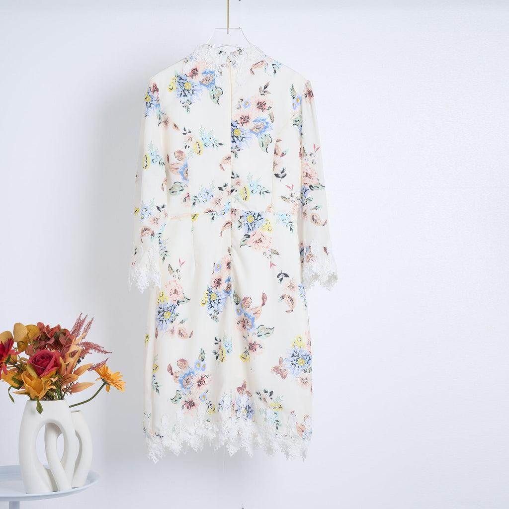 Spring Summer Heavy Industry Stitching Lace Single Breasted Stand Collar Horn Sleeve Printed Dress Short
