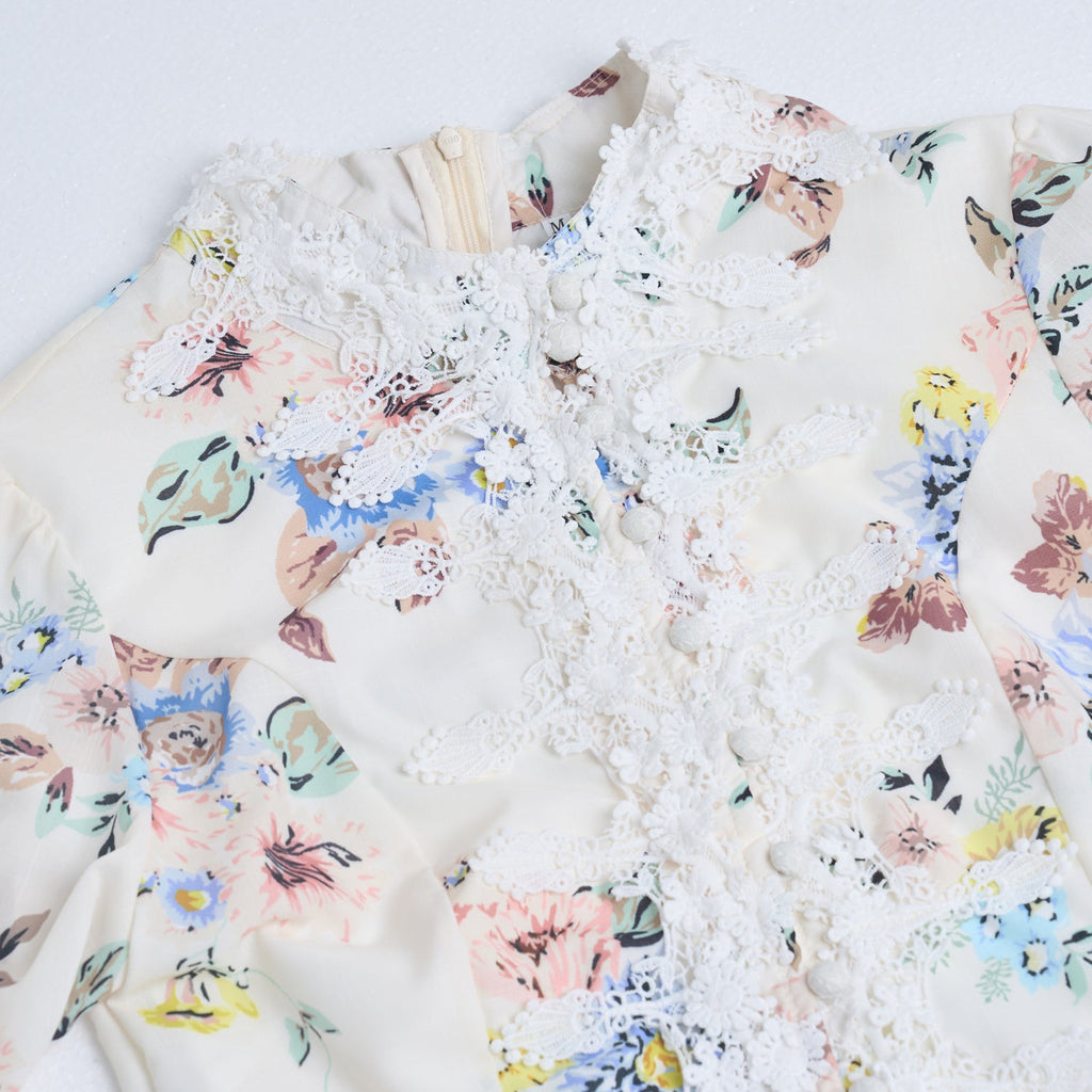 Spring Summer Heavy Industry Stitching Lace Single Breasted Stand Collar Horn Sleeve Printed Dress Short