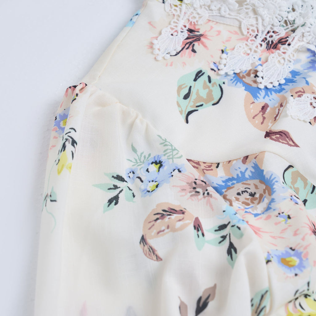 Spring Summer Heavy Industry Stitching Lace Single Breasted Stand Collar Horn Sleeve Printed Dress Short