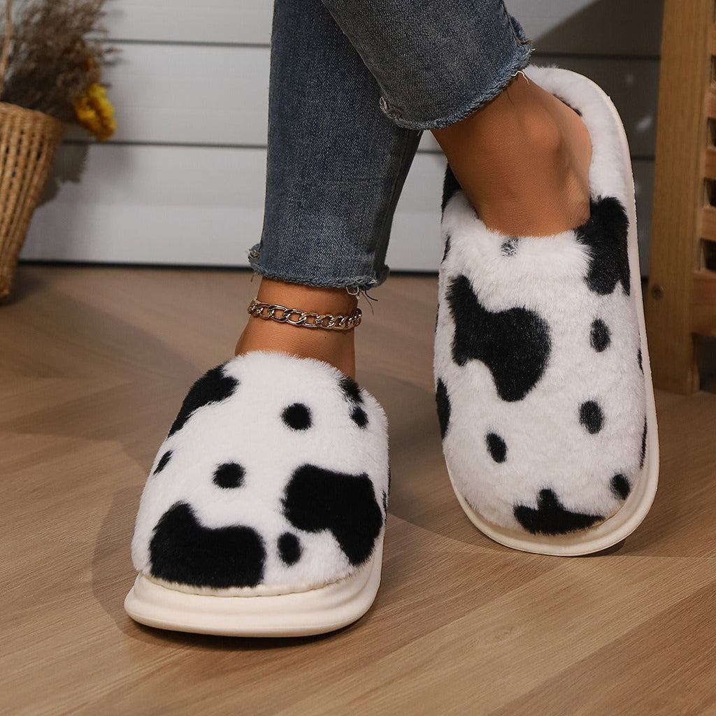 Cow Print Plush Slippers – Unisex Winter Slippers