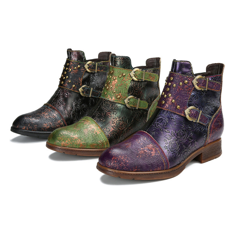 Women's Ethnic Rivet Buckle Boots - Cowhide Leather Fashion Ankle Boots with Side Zipper