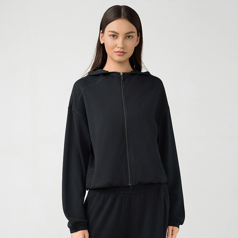 Hooded Zip Cardigan Coat Women Autumn Winter Loose Fitting Casual Pullover Running Fitness Sports Top