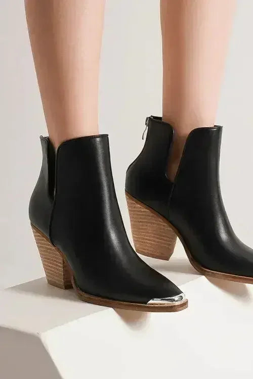 Metal-Toe Ankle Boots - 3.5" Block Heel - Faux Leather Pointed-Toe