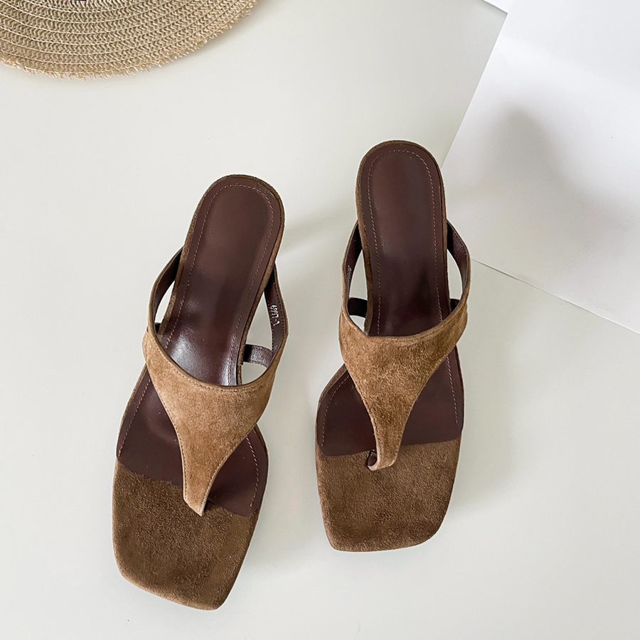 Women's Retro-Chic Square Toe Thong Stiletto Sandals – Buckle Closure Mid Heel