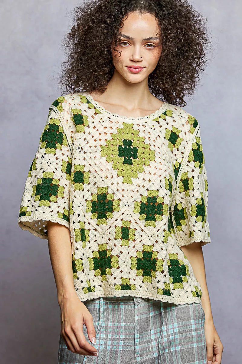 POL Round Neck Short Sleeve Color Pattern Crochet Top with Border Accents