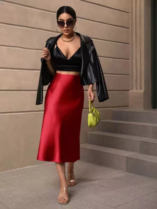 Hip Wrapped Fishtail Skirt Satin Mid Length Skirt Autumn Women Clothing Direct