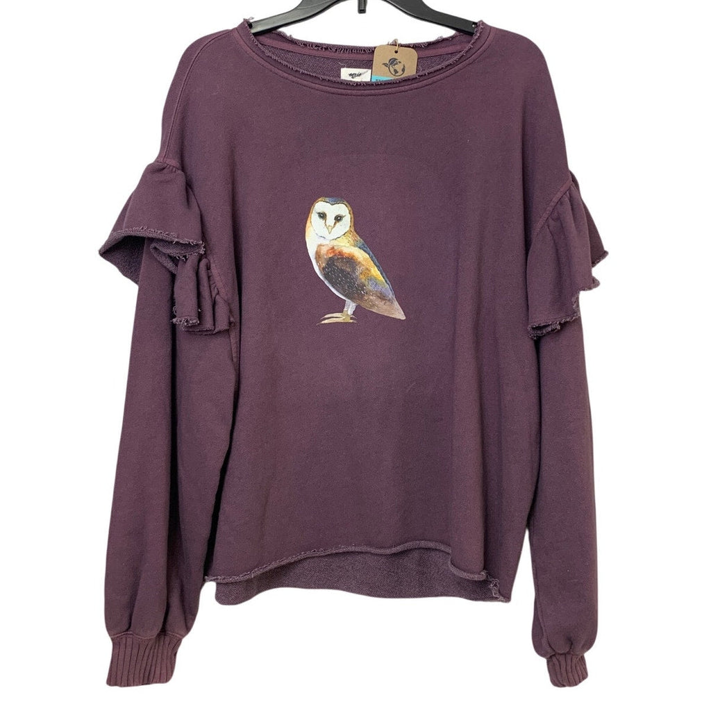 New Hand Printed Womens Small Woodland Owl Purple Ruffled Long Sleeve Sweatshirt