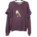New Hand Printed Womens Small Woodland Owl Purple Ruffled Long Sleeve Sweatshirt