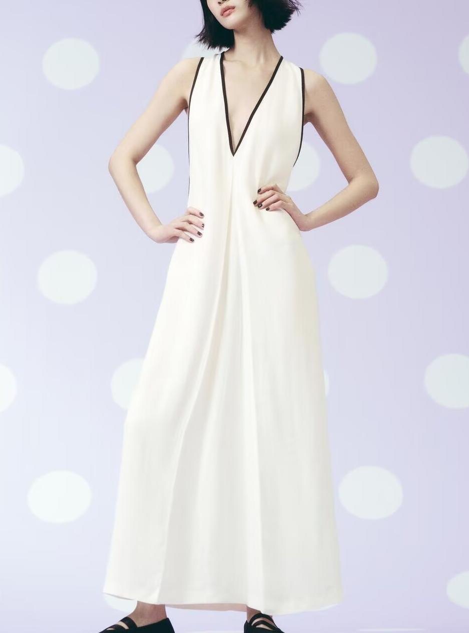 Women Clothing Summer Simple V neck Trim Linen Blend Dress