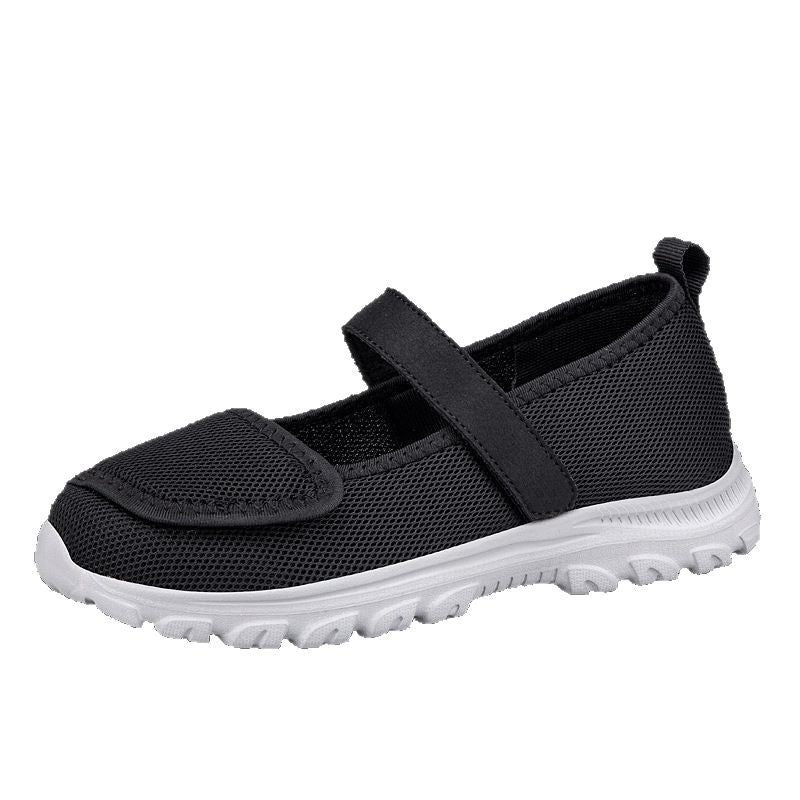 Women's Wide Toe Mesh Granny Shoes – Breathable Summer Flats with Low Heel