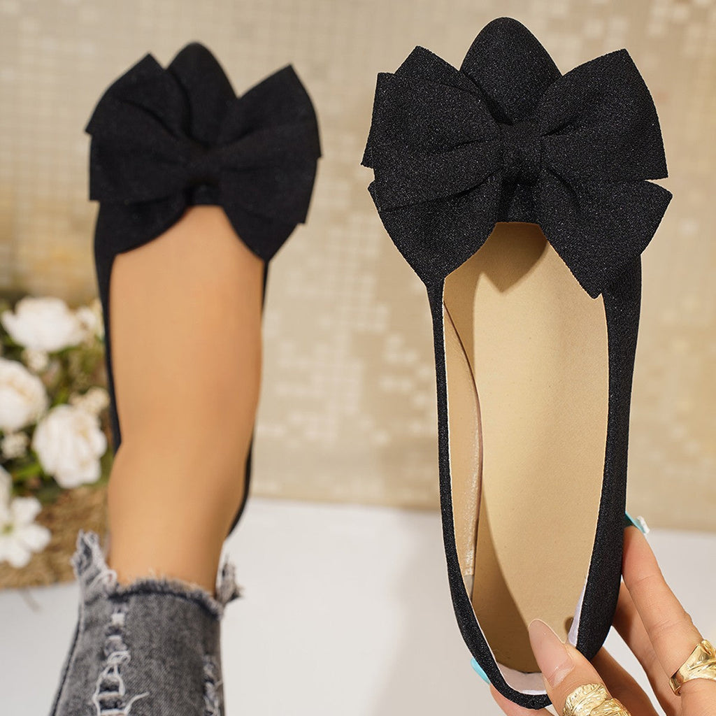 Women's Plus-Size Bow-Tie Slip-On Loafer Shoes | Pointed Toe, Low Heel, Cotton Upper