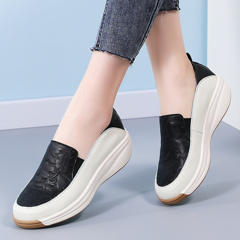 Women's Chunky Sole Slip-On Platform Sneakers | Round Toe Low Heel | Beige Black Khaki