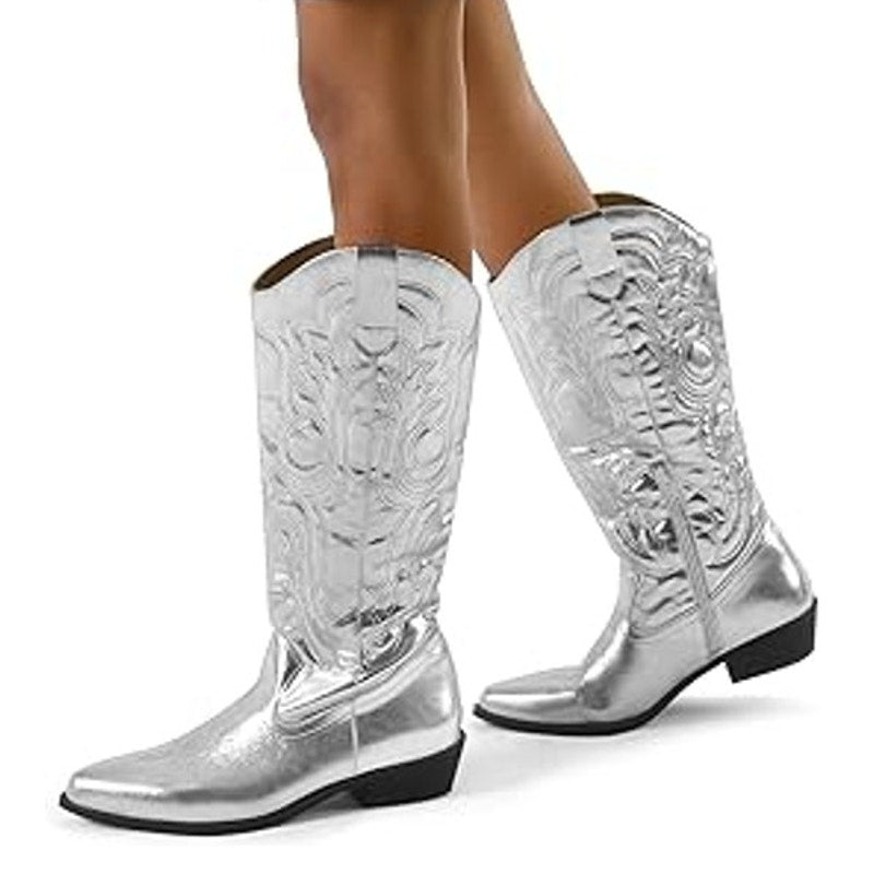 Mysoft Womens Size 8.5 Silver Faux Leather 1.5" Block Heel Western Cowboy Boots