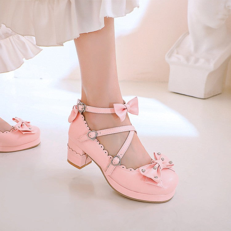Women's Retro Cute Bow-Clasp Chunky Heel Pumps | Round Toe Block Heels