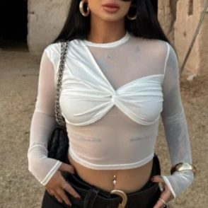 Women Clothing Sexy round Neck Sheer Mesh Long Sleeve Stitching Niche Girls Cropped Top