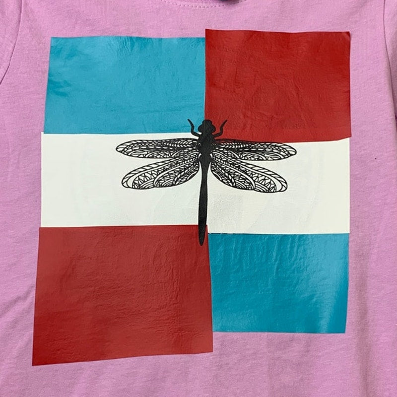 New Upcycled Hand Printed Girls Size Large 10/12 Colorblock Dragonfly Tee Shirt