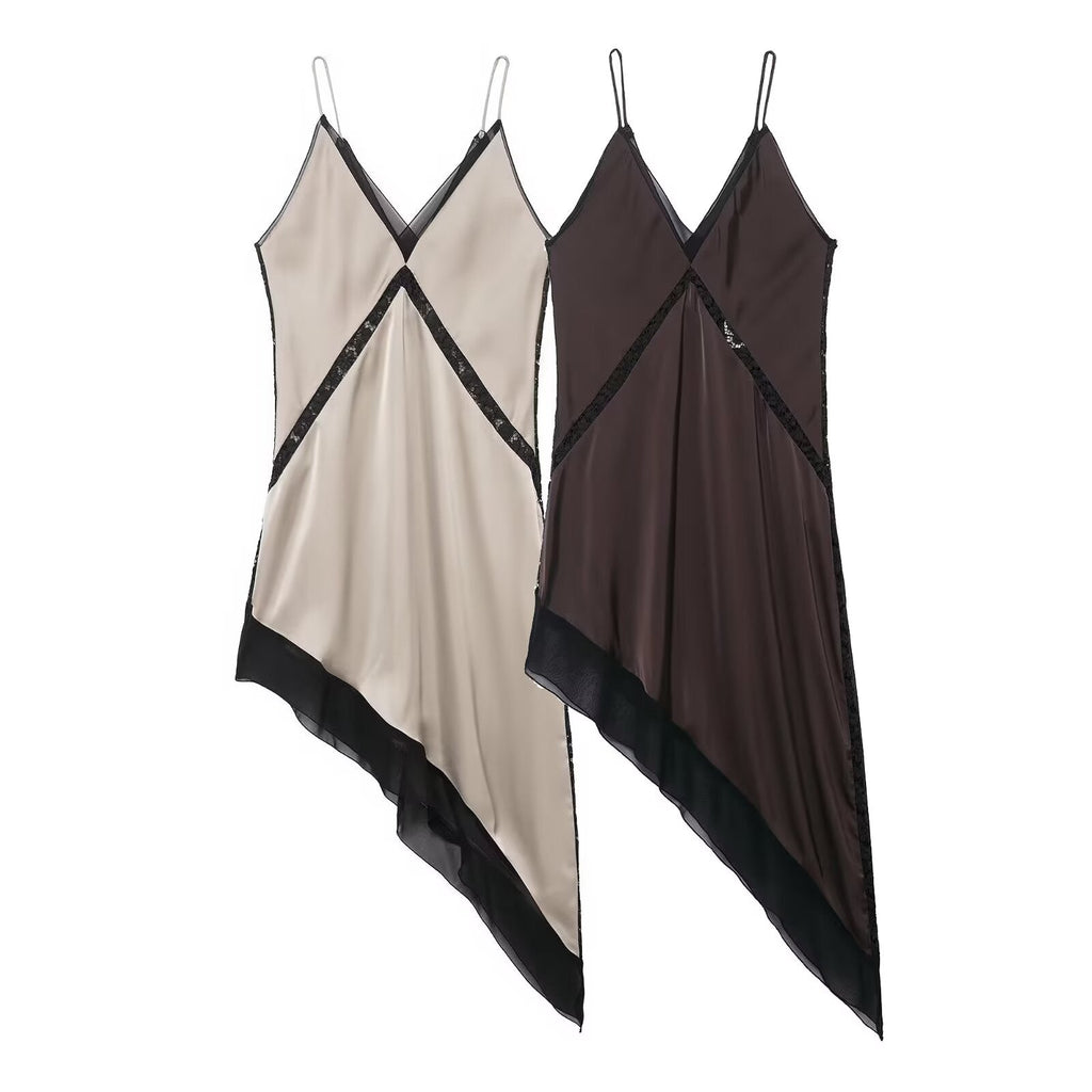 Graceful Satin Asymmetric V neck Strap Midi Dress